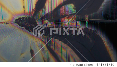 Display scratch. Monitor defect. Changing flickering broken pixels on modern TV surface. Deformation of broadcasting defocused glitch image from impact. 121351719