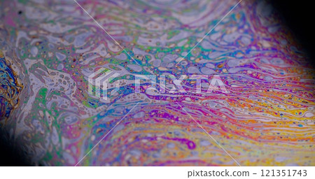 Holographic sphere. Bubble oil fluid. Defocused multicolor purple green liquid paint curve acrylic slick on dark black blurred light abstract art background. 121351743