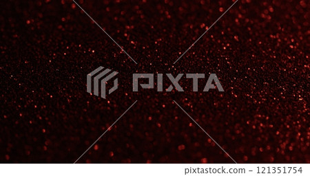 Defocused particles. Red shimmer. Flare precious festive surface with blurred metallic dust. Glamour starry night powder texture effect. 121351754