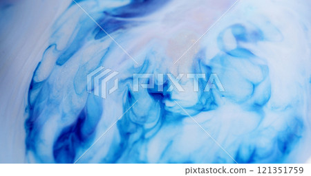 Multicolored marble. Blue fluid. Dissolution contrasting sparkling dye ink on light opaque enamel. Intricate defocused waves blend on acrylic surface. Multicolored marble. Blue fluid. Dissolution contrasting sparkling dye ink on light opaque enamel. Intricate defocused waves blend on acrylic surface. 121351759