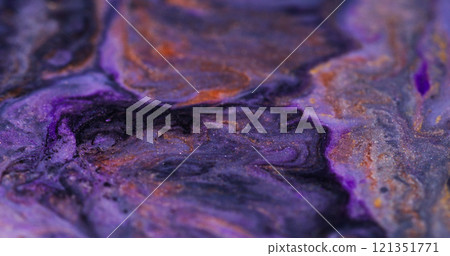 Glitter paint mix. Wet ink. Defocused multicolor purple shimmering sparkling flow marble texture bright particles moving on abstract blurred bokeh light art background. 121351771