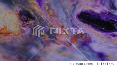 Ink mix. Paint blend wave. Defocused multicolor purple fluid shimmering gleaming flow marble texture bright particles moving on abstract art background. 121351779
