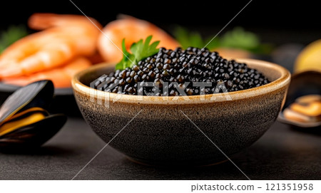 Bowl of Black Caviar with Shrimp and Mussels  121351958