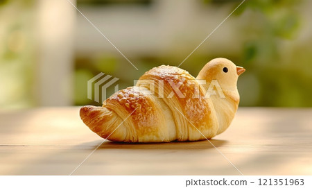 Flaky bird-shaped croissant on a table on a blurred background Flaky bird-shaped croissant on a table on a blurred background 121351963