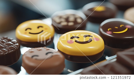 Chocolates have the shape of faces expressing various cheerful emotions Chocolates have the shape of faces expressing various cheerful emotions 121351972