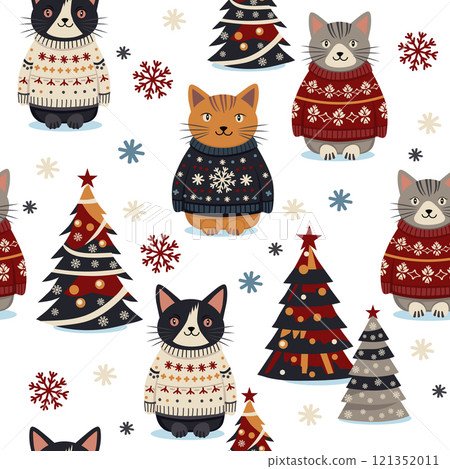 bright christmas cats among fir trees. seamless pattern bright christmas cats among fir trees. seamless pattern 121352011