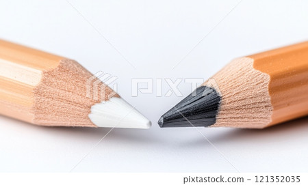A minimalist image with two pencils, white and black A minimalist image with two pencils, white and black 121352035