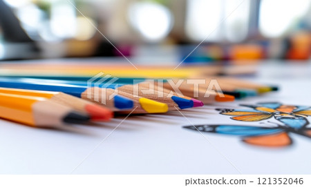 Colored Pencils and Butterfly Artwork on Desk  121352046