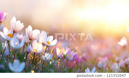 Delicate flowers with delicate petals against a soft pastel sky 121352047