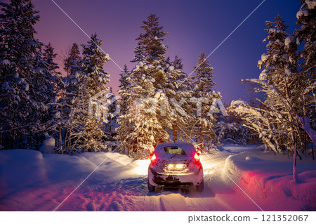 Car on a Winter Forest Road at Night 121352067