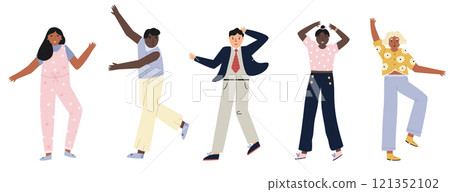 Vector set of happy people dancing swing, having fun and enjoying themselves. Colorful flat illustrations 121352102