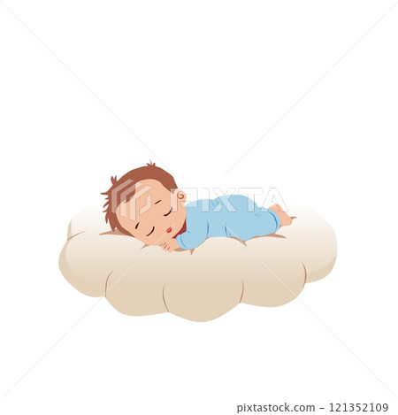 Adorable baby sleeping peacefully on a soft cloud-shaped pillow, dressed in a blue onesie. Perfect for themes like innocence, childhood, and sweet dreams 121352109