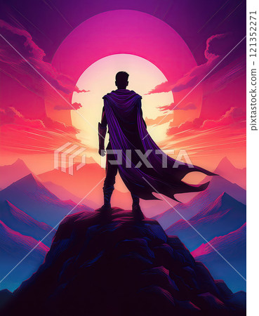 Superhero silhouette with cape standing brave on the peak of a mountain looking determined at horizon over purple sunset background. Dramatic and heroic atmosphere Superhero silhouette with cape standing brave on the peak of a mountain looking determined at horizon over purple sunset background. Dramatic and heroic atmosphere 121352271