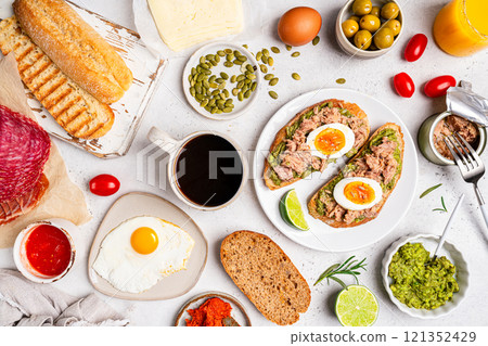 Tuna toast with boiled egg 121352429