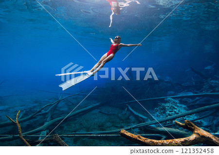 Freediver woman swims underwater with fins over sunken logs in the transparent lake. Free diving in blue crystal lake 121352458