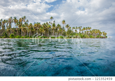 Paradise beach with coconut trees and blue ocean on tropical island in Indonesia. Travel vacation banner, view from water. 121352459