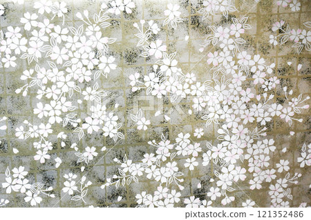 Snow-white cherry blossoms blooming on a silver and gold wallpaper background Snow-white cherry blossoms blooming on a silver and gold wallpaper background 121352486