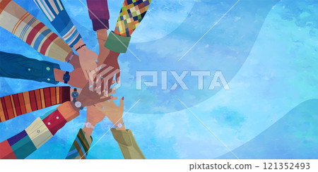 Group of arms and hands in a circle of multiethnic diverse people.People of different cultures.Cooperation trust help and support.Diversity people.Community.Agreement between colleagues 121352493