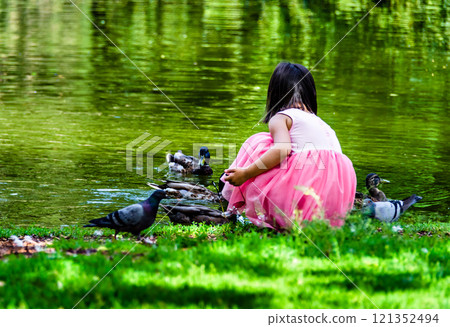 Little girl in pink dress playing in the lake with pigeons in summer 121352494