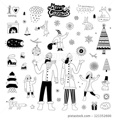 Happy family winter season snowy weather doodles , hand drawn isolated vector elements Happy family winter season snowy weather doodles , hand drawn isolated vector elements 121352600