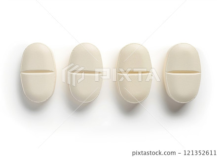 Beige, oval-shaped medicine tablets with scored line in the middle, on white background. Ideal for pharmaceutical, healthcare, and medical-related designs or advertisements. Copy space. Generative AI. 121352611