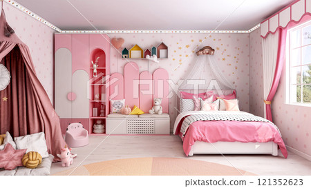 Charming Pink-Themed Girls' Bedroom Interior with Cozy Decor and Playful Details, 3D Rendering 121352623