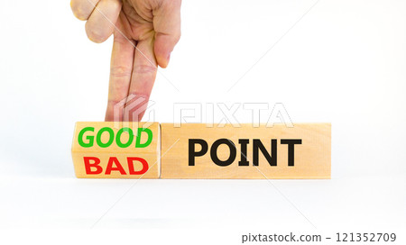 Good or bad point symbol. Concept words Good point Bad point on beautiful wooden blocks. Beautiful white table white background. Businessman hand. Business good bad point concept. Copy space Good or bad point symbol. Concept words Good point Bad point on beautiful wooden blocks. Beautiful white table white background. Businessman hand. Business good bad point concept. Copy space 121352709