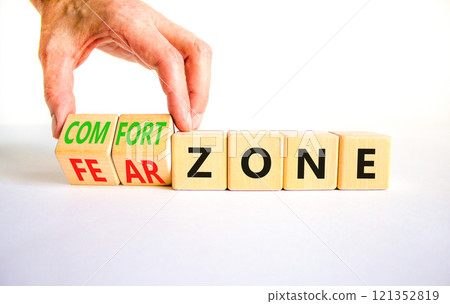 Comfort or fear zone symbol. Concept words Comfort zone Fear zone on wooden cubes. Beautiful white table white background. Psychologist hand. Business and comfort or fear zone concept. Copy space. 121352819