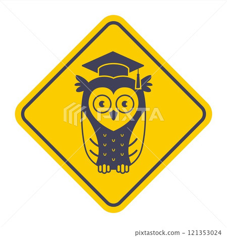 Yellow road sign smart owl black icon. Education symbol. Yellow road sign smart owl black icon. Education symbol. 121353024