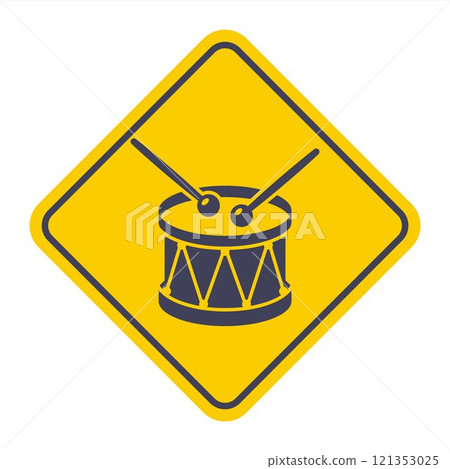 yellow road sign black icon musical instrument drum. yellow road sign black icon musical instrument drum. 121353025