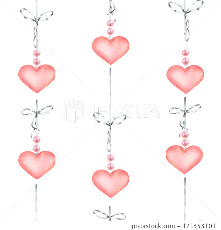 Seamless pattern of Valentines day pink hearts hanging on gray ribbons with bows and beads. Hand drawn watercolor illustration on white background. For packaging, fabric, wrapping paper, wallpaper. 121353101