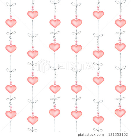 Seamless pattern of Valentines day pink hearts hanging on gray ribbons with bows and beads. Hand drawn watercolor illustration on white background. For packaging, fabric, wrapping paper, wallpaper. 121353102