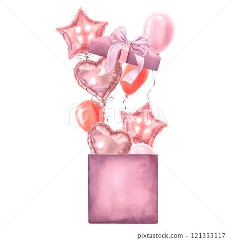 Heart and star shaped balloons fly out of gift box. Cute watercolor illustration of present on isolated background. Valentine's day design. Romantic drawing for posters, cards, party, cover, promotion 121353117