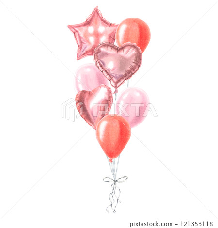 Fountain of birthday pink colored balloons. Hand drawn watercolor illustration of festive decoration on isolated background. Valentine's Day party decor for holiday invitation, posters or cards. 121353118