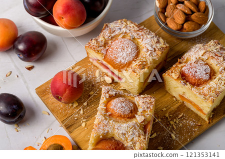 Cottage cheese pie with apricot and plum. Cottage cheese pie with apricot and plum. 121353141