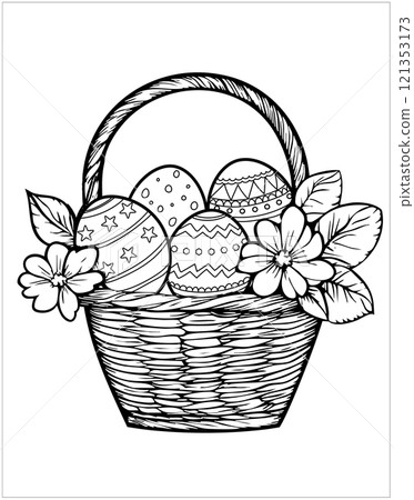Colouring page Easter basket with eggs and flowers Colouring page Easter basket with eggs and flowers 121353173