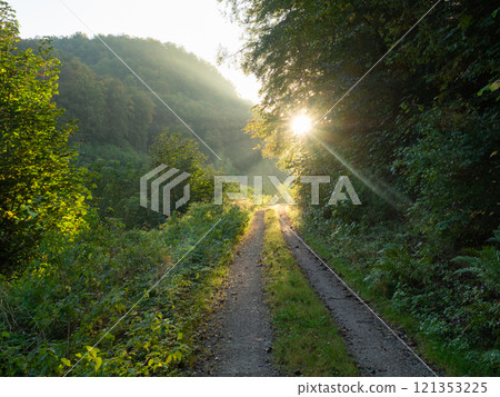 Bad Urach, Germany - October 2nd 2023: Beautiful forest track between the hills towards the rising sun 121353225