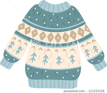 Cozy wool winter sweater with a festive Christmas ornament, perfect for staying warm during the holiday season and enjoying the winter wonderland 121353526