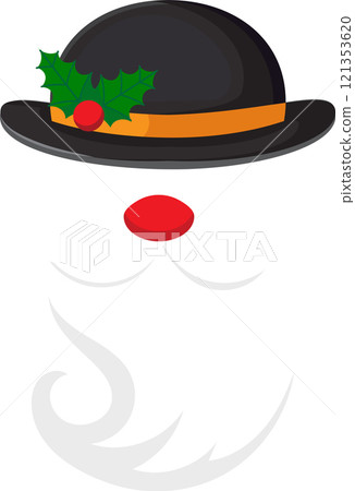 Santa Claus is wearing a bowler hat decorated with holly leaves and berries, showing his red nose and white beard, bringing a touch of vintage style to Christmas celebrations Santa Claus is wearing a bowler hat decorated with holly leaves and berries, showing his red nose and white beard, bringing a touch of vintage style to Christmas celebrations 121353620