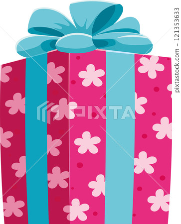 Wrapped gift box with floral pattern and light blue ribbon and bow, representing a thoughtful present for birthday, holiday, anniversary, or any special occasion 121353633