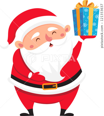Santa Claus wearing a red suit with a black belt and white fur is holding a Christmas gift, decorated with snowflakes and a golden ribbon while smiling Santa Claus wearing a red suit with a black belt and white fur is holding a Christmas gift, decorated with snowflakes and a golden ribbon while smiling 121353637