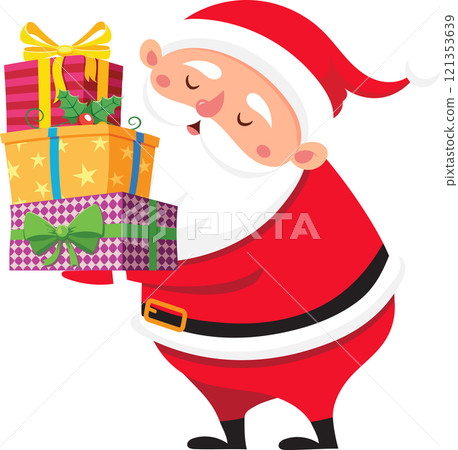 Cartoon Santa Claus, dressed in a bright red suit with a fluffy white beard, joyfully holding a colorful stack of Christmas gifts, spreading holiday cheer to children worldwide 121353639