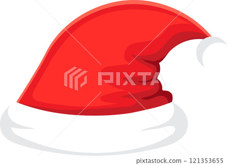 Red Santa Claus hat with white fur trim, slightly tilted and blowing in the wind, a festive symbol of Christmas and holiday cheer, isolated on white for easy integration into designs 121353655