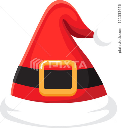 Red Santa Claus hat with white trim, black belt and gold buckle, bringing the festive spirit of Christmas with a touch of traditional charm 121353656