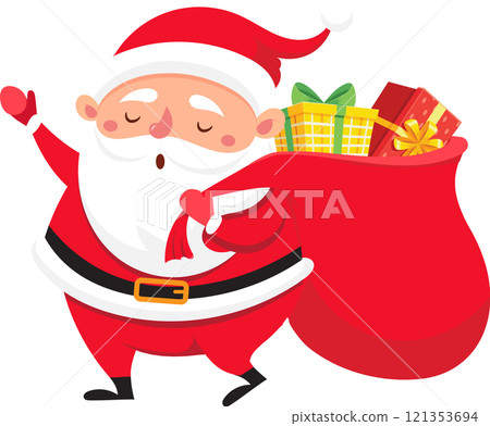 Santa Claus is depicted in a cheerful pose, waving with one hand while carrying a large red bag overflowing with colorful wrapped Christmas gifts, radiating the festive spirit of Christmas 121353694
