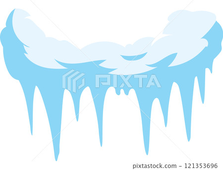 Snowdrift adorned with hanging icicles, melting gently under warm sunlight, creating a captivating winter wonderland scene against a pristine white background 121353696