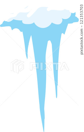Pair of sharp icicles melting and dripping water from a layer of snow and ice hanging from a roof or eave during a winter thaw, isolated vector illustration 121353703