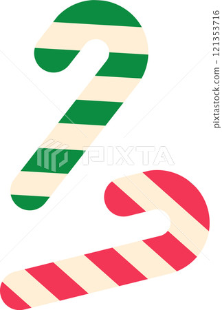 Minimalist illustration of two candy canes with green and red stripes, representing traditional christmas sweets, isolated on a white background Minimalist illustration of two candy canes with green and red stripes, representing traditional christmas sweets, isolated on a white background 121353716