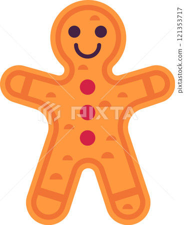 Gingerbread man smiling with open arms, joyfully celebrating Christmas, embodying the festive holiday spirit and representing a beloved traditional dessert during winter festivities 121353717