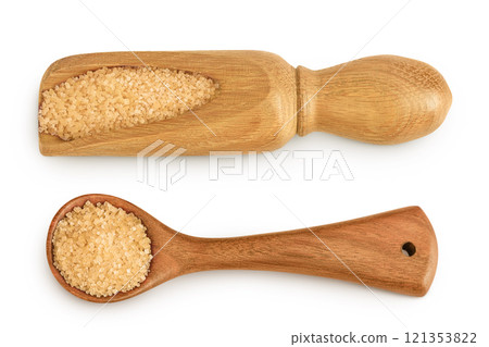 The brown sugar in wooden scoop isolated on white background. Top view. Flat lay 121353822